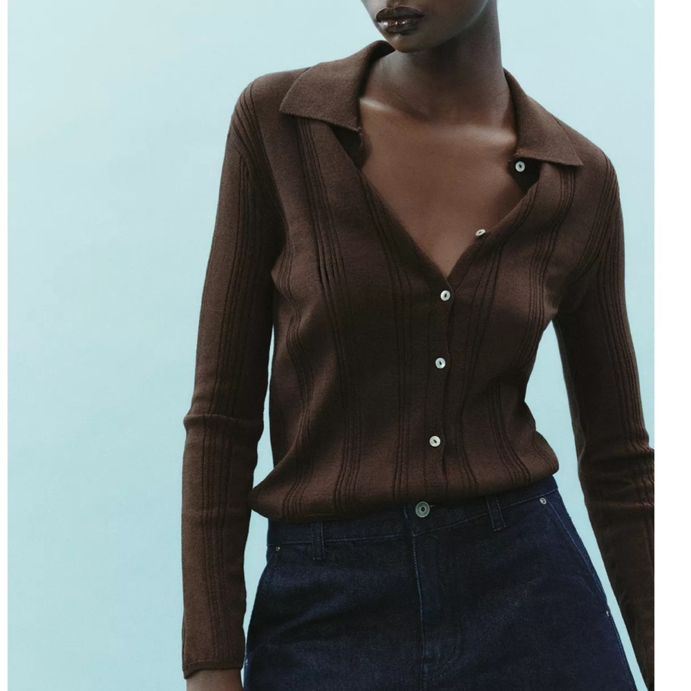 Zara RIBBED KNIT POLO JACKET size S